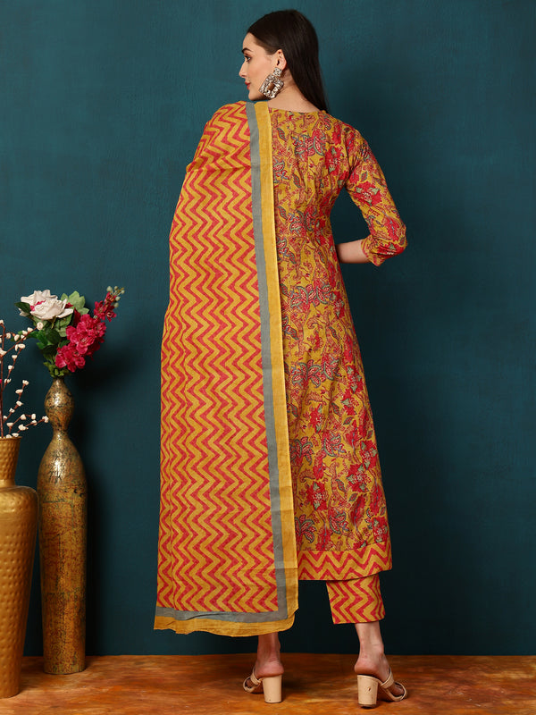 Cotton  Calf length Length Floral  Semi-Flared 3/4 Sleeves V  Kurta Bottom Dupatta Set
