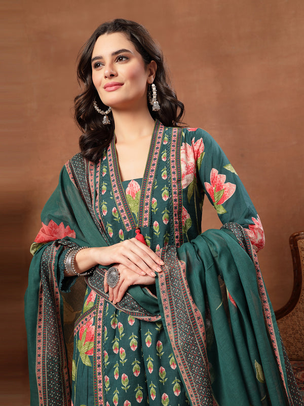 Cotton Calf Length Printed 3/4 Sleeves V-Neck Flared Kurta Suit Set