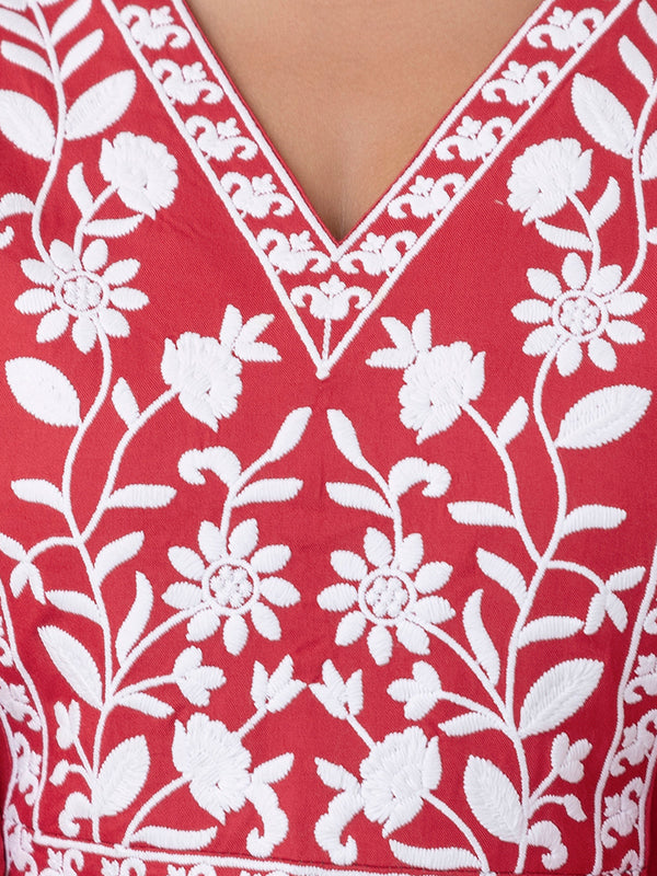 Coral Rayon Hip Length Solid V-Neck Solid Embroidered Semi-Flared Top