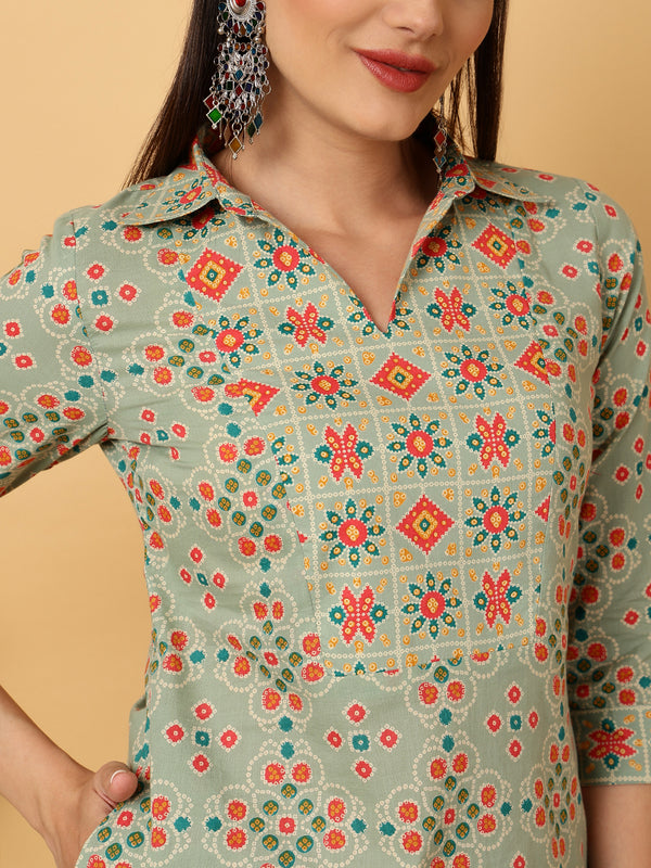 Calf Length Straight Shirt Coller Kurta Palazzo Set