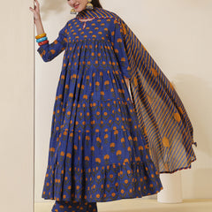 Cotton Calf Length Printed 3/4 Sleeves Key Hole Neck Anarkali Kurta Suit Set