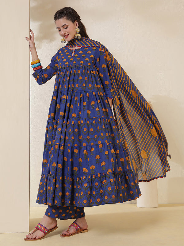 Cotton Calf Length Printed 3/4 Sleeves Key Hole Neck Anarkali Kurta Suit Set