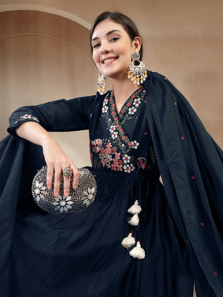 Gulmohar Jaipur Cotton Calf Length Solid Full Sleeves Anrakha Neck Flared Kurta Suit Set