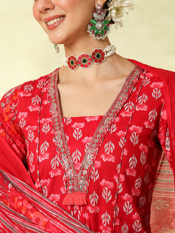 Black Pure Cotton Printed Embroidered Semi-Flared Kurta Suit Set