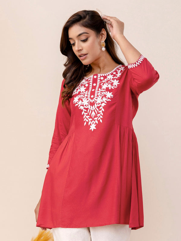Coral Rayon Hip Length Solid Round Neck Solid Embroidered Straight Top