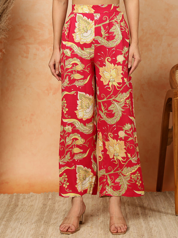 Pink Rayon Calf Length Printed Mandarin Neck Straight Kurta Palazzo Set