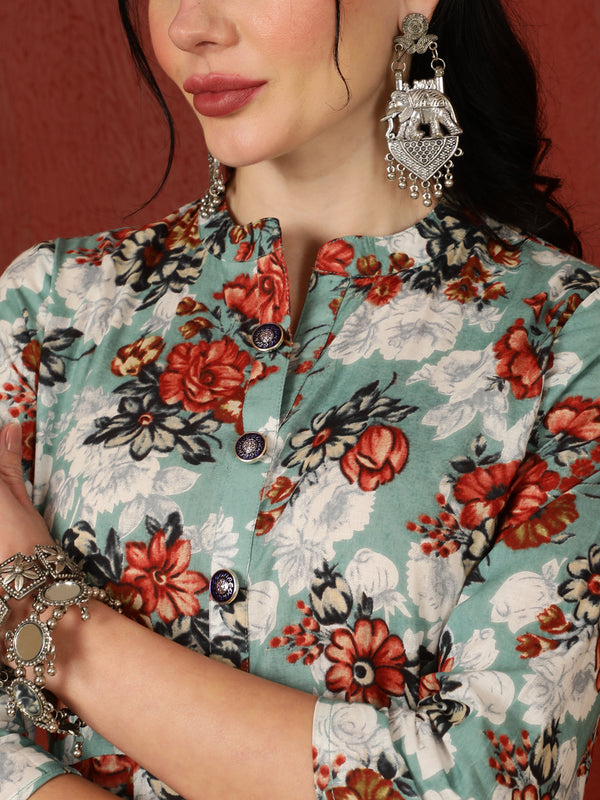 Cotton Calf Length Printed Flared 3/4 Sleeves Mandarin Kurta