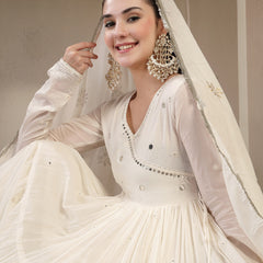 Gulmohar Jaipur Malmal Calf Length Solid Full Sleeves Anrakha Neck Anarkali Kurta Suit Set