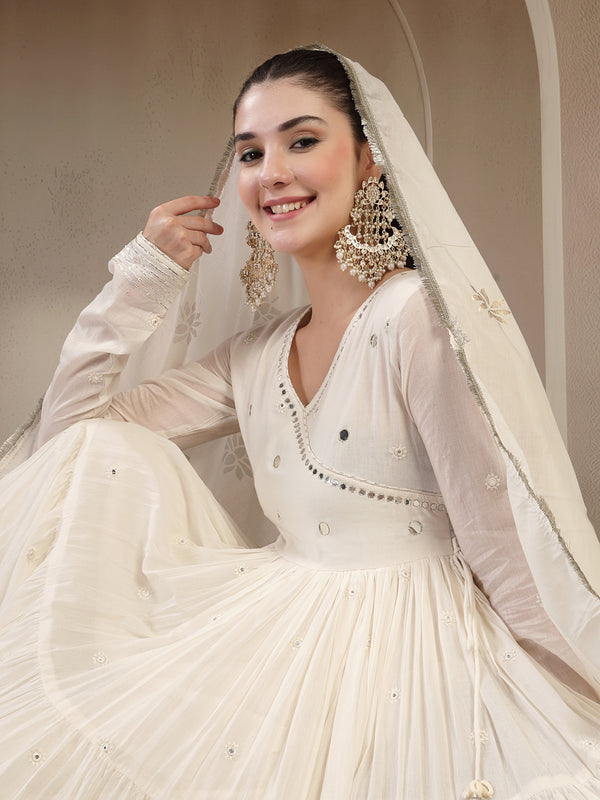 Gulmohar Jaipur Malmal Calf Length Solid Full Sleeves Anrakha Neck Anarkali Kurta Suit Set