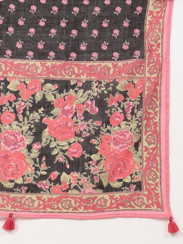 Malmal Calf Length Printed Full Sleeve Key Hole Neck Flared Kurta Suit Set