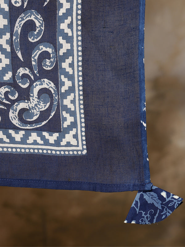 Indigo Cotton Calf Length Printed Flared V-Neck Kurta Suit Set
