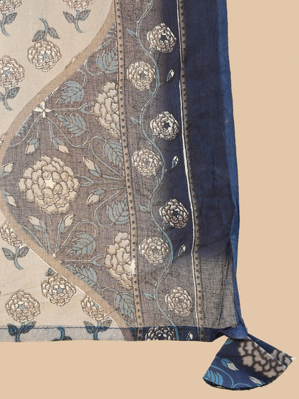 Navy Cotton Calf Length Printed Anarkali V-Neck Kurta Suit Set