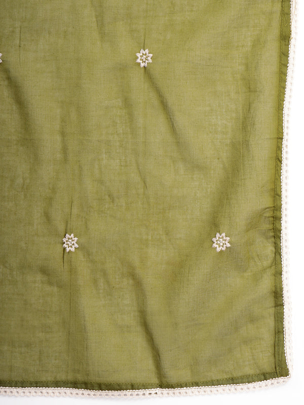 Cotton Calf Length Solid 3/4 Sleeve V-Neck Straight Kurta Suit Set