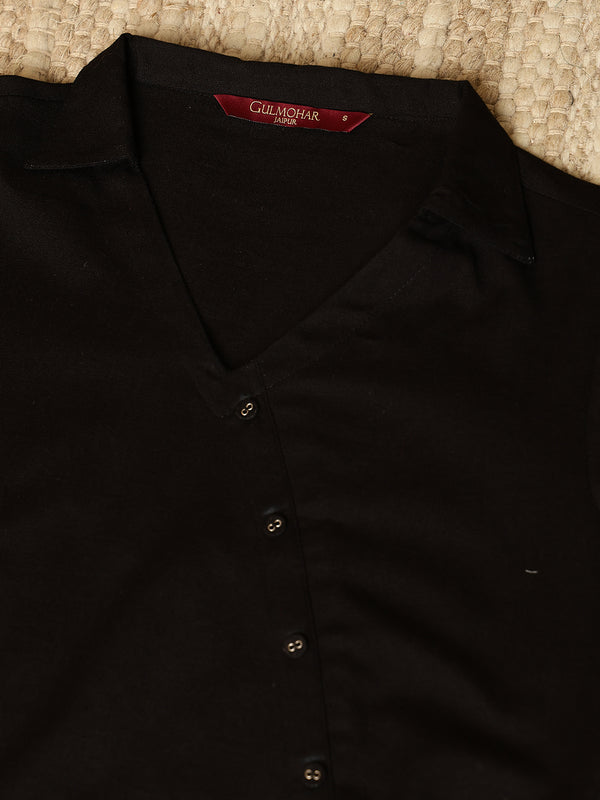 Black Cotton Flex Short/Hip Length Solid Shirt Coller Asymmetrical Top