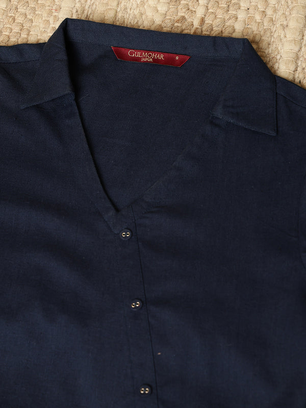 Navy Cotton Flex Short/Hip Length Solid Shirt Coller Asymmetrical Top