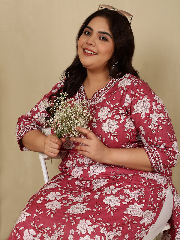 Cotton  Calf Length Printed Straight 3/4 Sleeves V-Neck Kurta