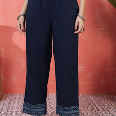 Navy Rayon Calf Length Printed 3/4 Sleeves V-Neck Semi-Flared Kurta Suit Set