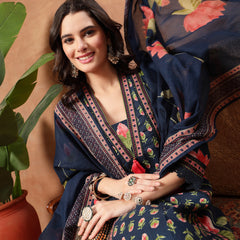 Cotton Calf Length Printed 3/4 Sleeves V-Neck Flared Kurta Suit Set