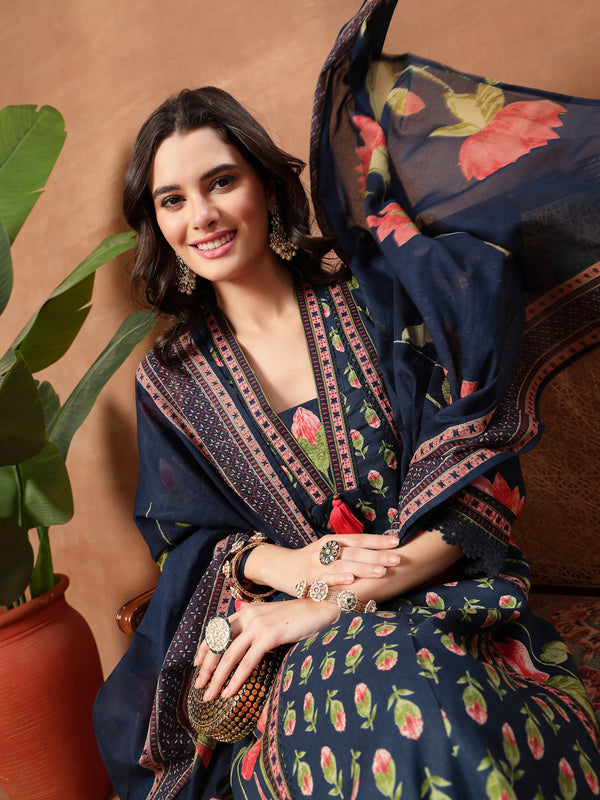 Cotton Calf Length Printed 3/4 Sleeves V-Neck Flared Kurta Suit Set