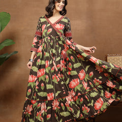 Cotton Ankle Length Printed 3/4 Sleeves V-Neck Flared Kurta