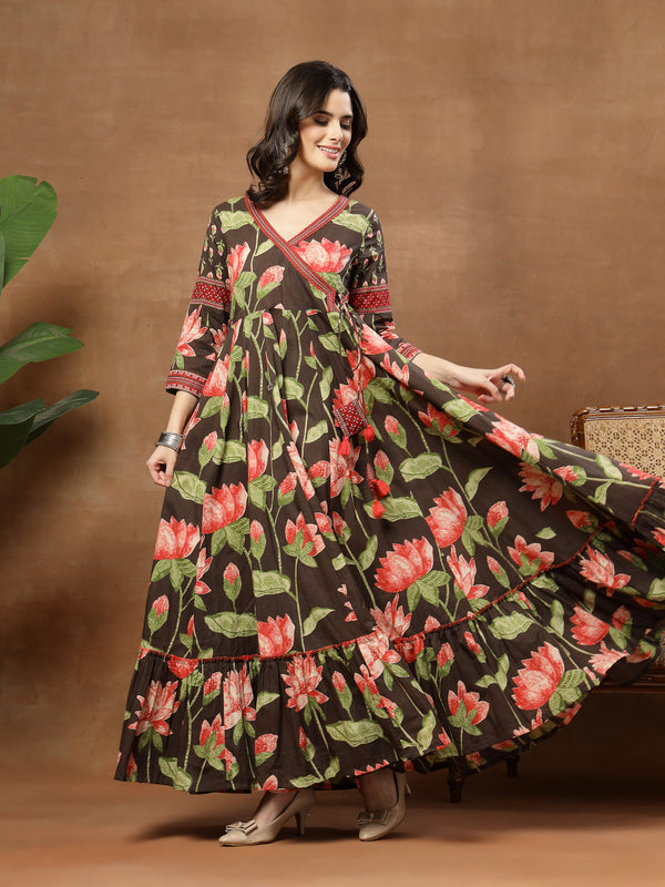 Cotton Ankle Length Printed 3/4 Sleeves V-Neck Flared Kurta