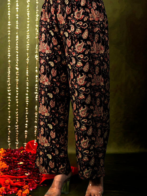 Black Cotton Calf Length Printed A-Line V-Neck Kurta Palazzo Set