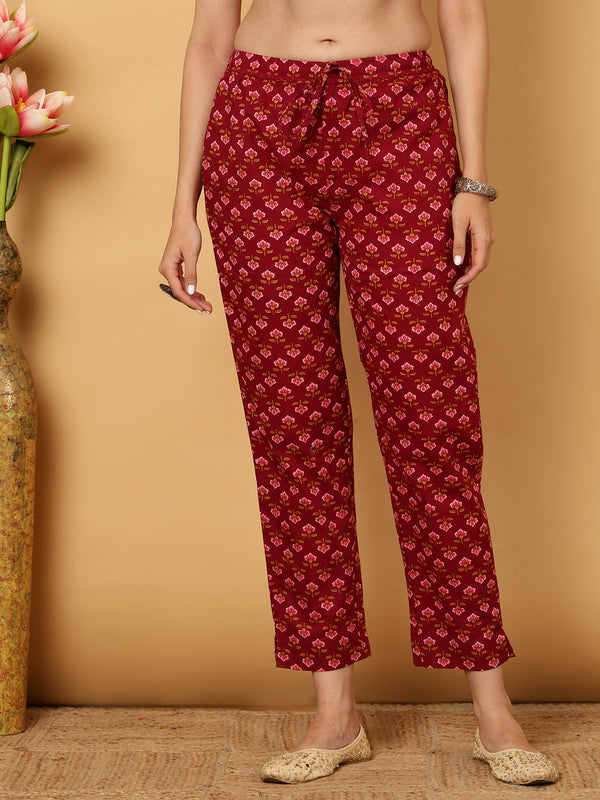 Maroon Calf Length Floral Print Flared V-Neck Kurta Suit Set