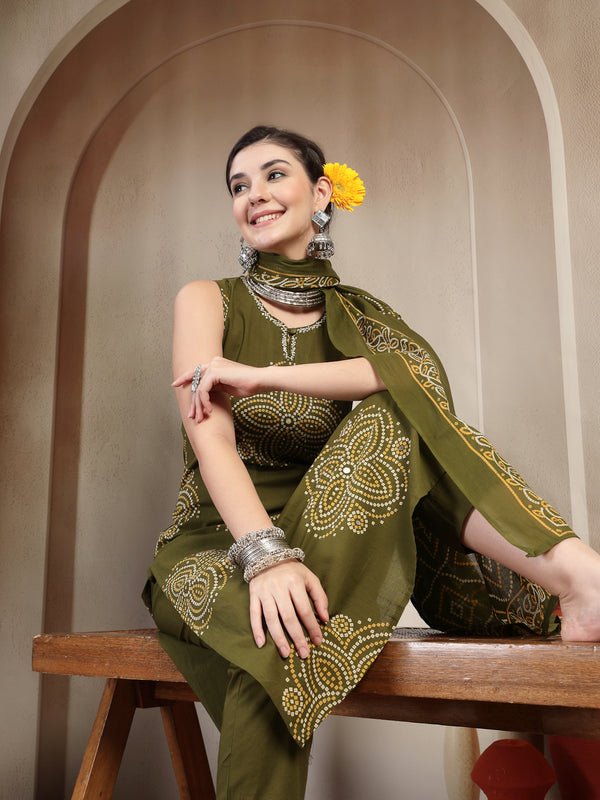 Gulmohar Jaipur Cotton Calf Length Printed Sleeveless Round Neck Straight Kurta Suit Set