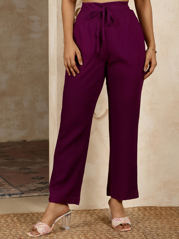 Purple Rayon Hip Length Solid Shirt Coller Flared Kurta Pant Set