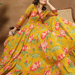 Cotton Ankle Length Printed 3/4 Sleeves V-Neck Flared Kurta