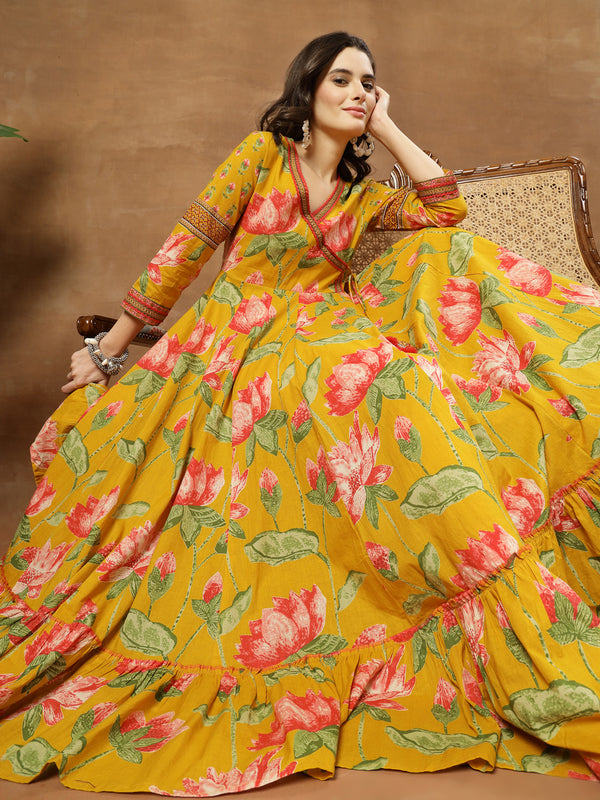 Cotton Ankle Length Printed 3/4 Sleeves V-Neck Flared Kurta