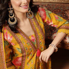 Cotton Calf Length Printed 3/4 Sleeves V-Neck Flared Kurta Suit Set