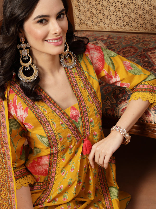 Cotton Calf Length Printed 3/4 Sleeves V-Neck Flared Kurta Suit Set