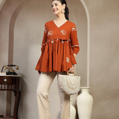 Gulmohar Jaipur Rayon Hip Length Printed 3/4 Sleeves V-Neck Flared Top