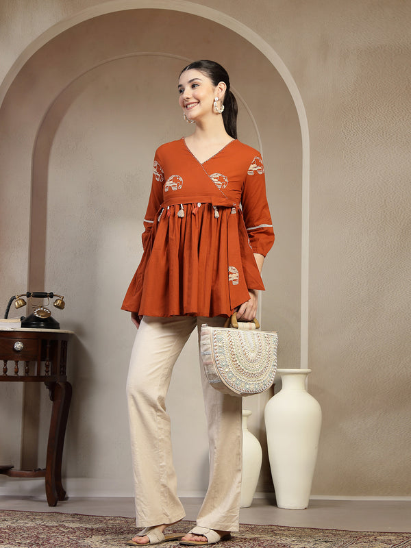 Gulmohar Jaipur Rayon Hip Length Printed 3/4 Sleeves V-Neck Flared Top