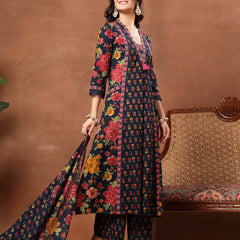 Cotton Calf Length Printed 3/4 Sleeves V-Neck Flared Kurta Suit Set
