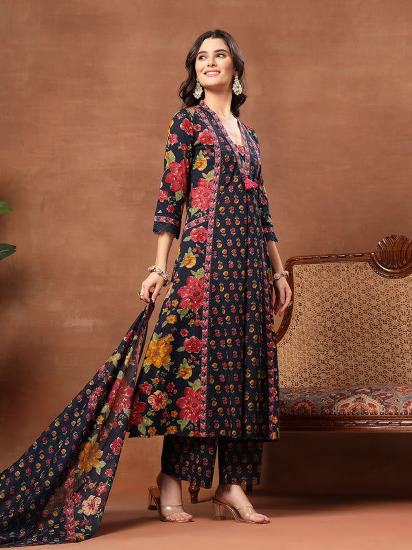 Cotton Calf Length Printed 3/4 Sleeves V-Neck Flared Kurta Suit Set