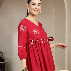 Gulmohar Jaipur Rayon Hip Length Printed 3/4 Sleeves V-Neck Flared Top