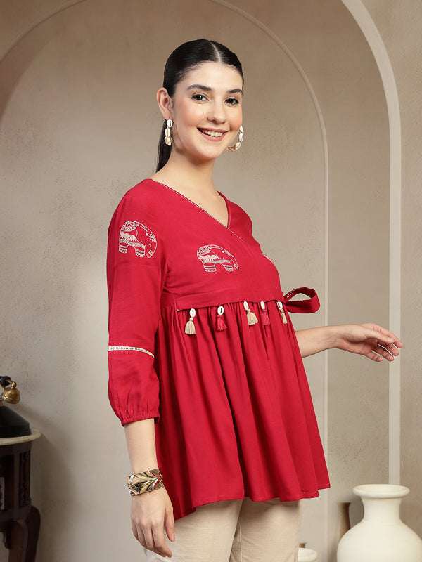 Gulmohar Jaipur Rayon Hip Length Printed 3/4 Sleeves V-Neck Flared Top