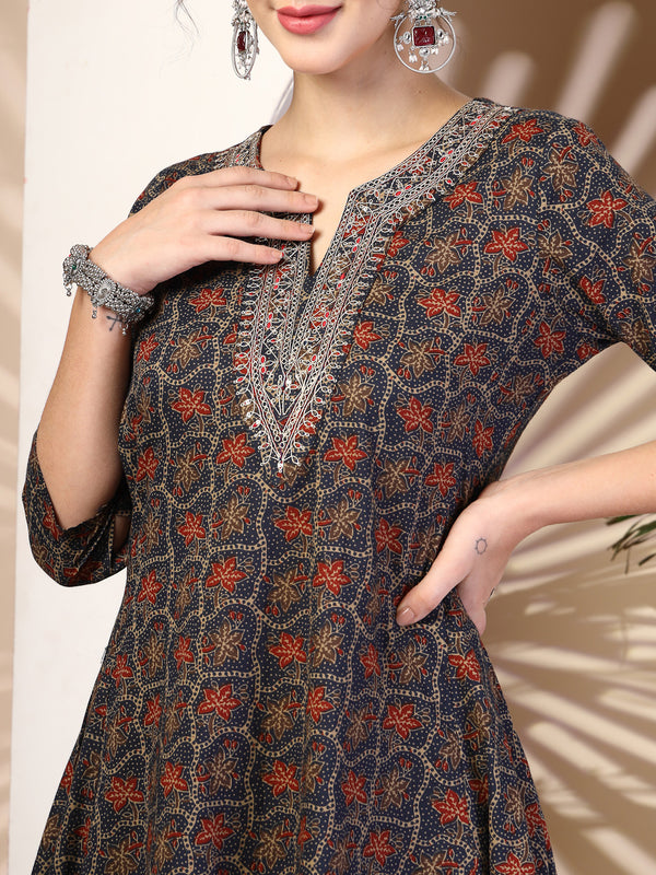 Navy Cotton Calf Length Printed Round Neck Asymmetric Kurta Palazzo Set