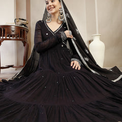 Gulmohar Jaipur Malmal Calf Length Solid Full Sleeves Anrakha Neck Anarkali Kurta Suit Set