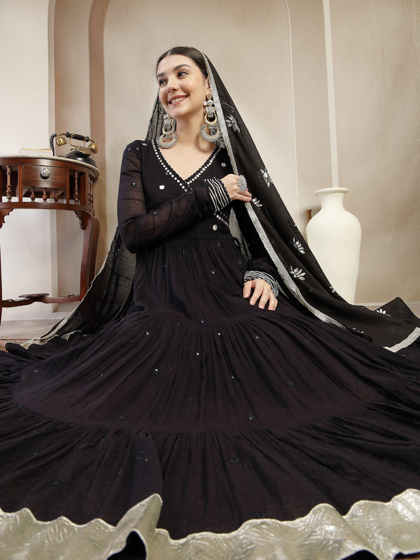 Gulmohar Jaipur Malmal Calf Length Solid Full Sleeves Anrakha Neck Anarkali Kurta Suit Set