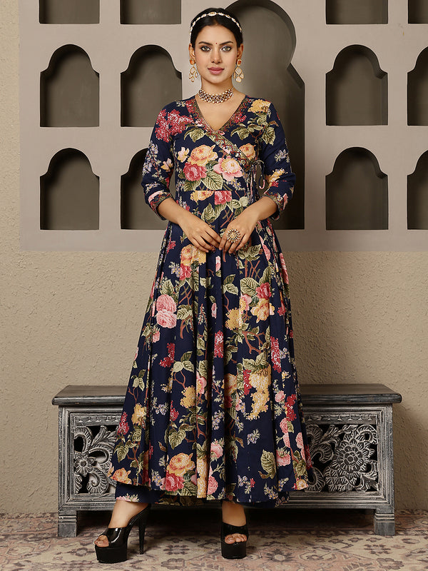 Navy Cotton Calf Length Printed V-Neck Anarkali Kurta Suit Set