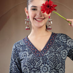 Gulmohar Jaipur Cotton Calf Length Printed 3/4 Sleeves V-Neck Straight Kurta