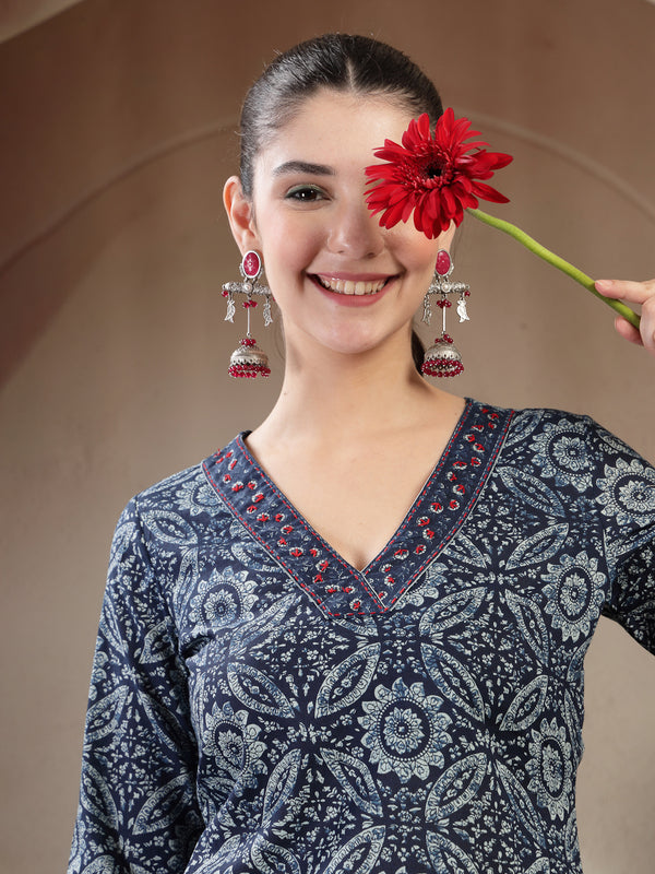 Gulmohar Jaipur Cotton Calf Length Printed 3/4 Sleeves V-Neck Straight Kurta