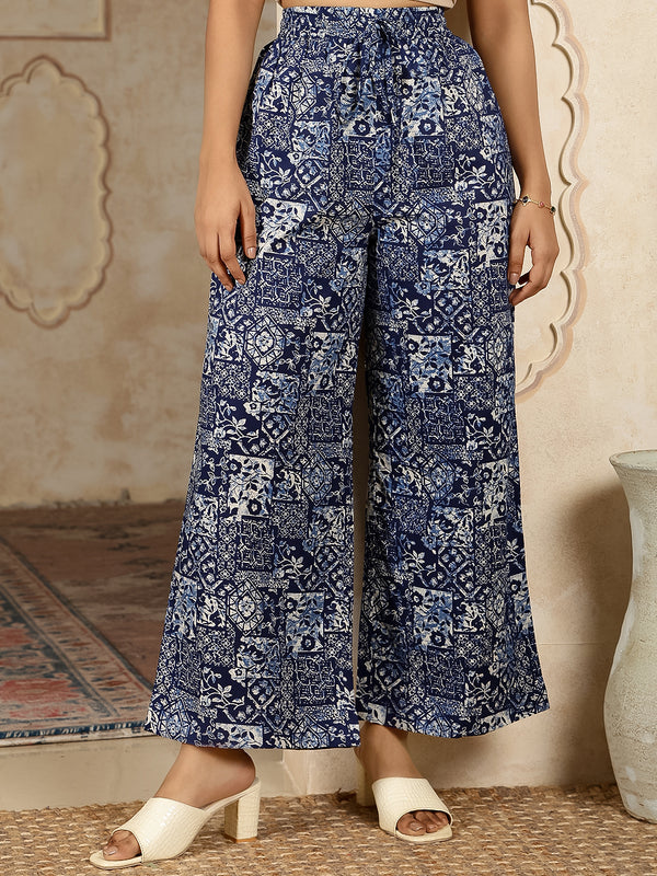 Indigo Cotton Hip Length Printed Shirt Coller Straight Kurta Palazzo Set