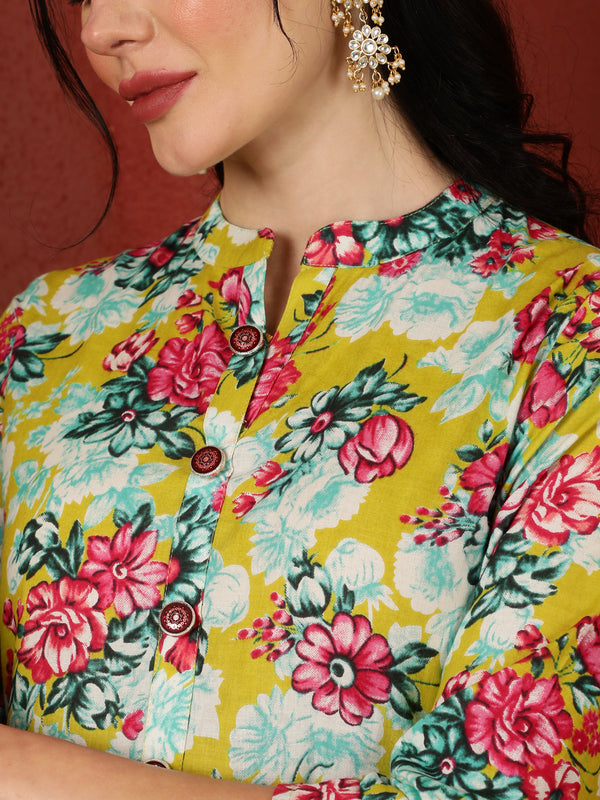 Cotton Calf Length Printed Flared 3/4 Sleeves Mandarin Kurta