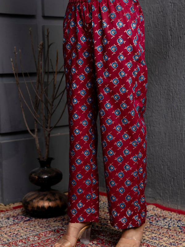 Cotton Calf Length Printed Flared V-Neck Kurta Suit Set