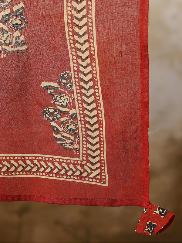 Maroon Cotton Calf Length Printed V-Neck Flared Kurta Suit Set