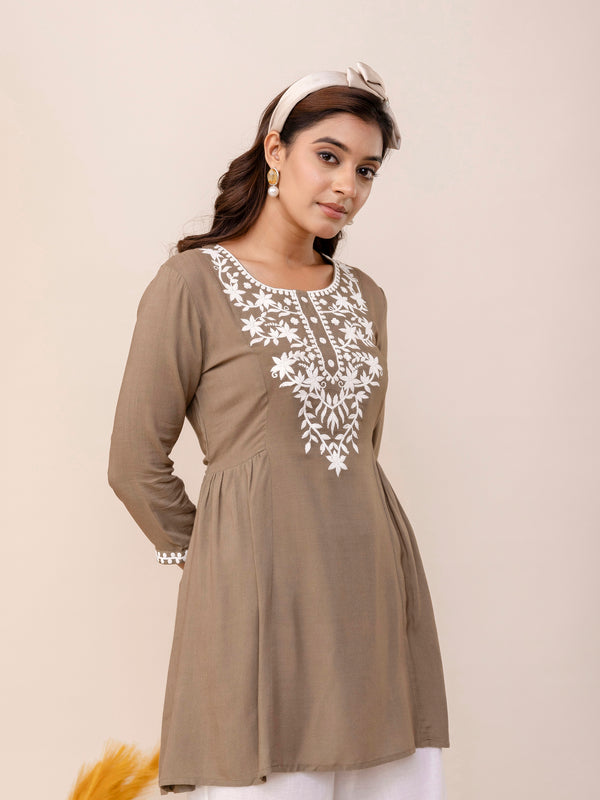 Grey Rayon Hip Length Solid Round Neck Solid Embroidered Straight Top
